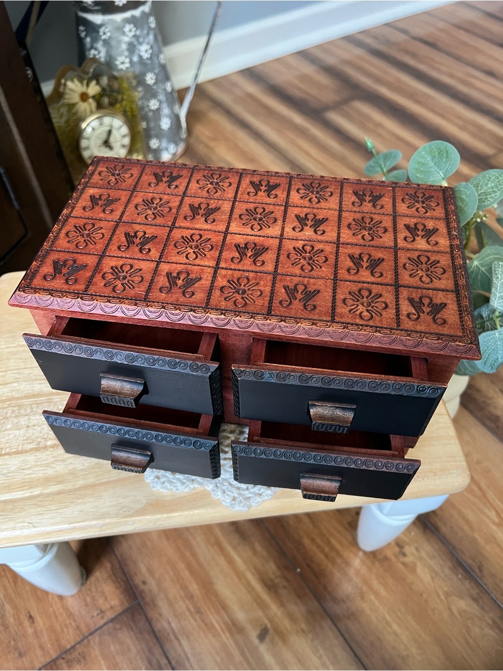 Vintage Embossed Brown Footed Wooden Jewelry Chest Trinket Box with 4 Drawers